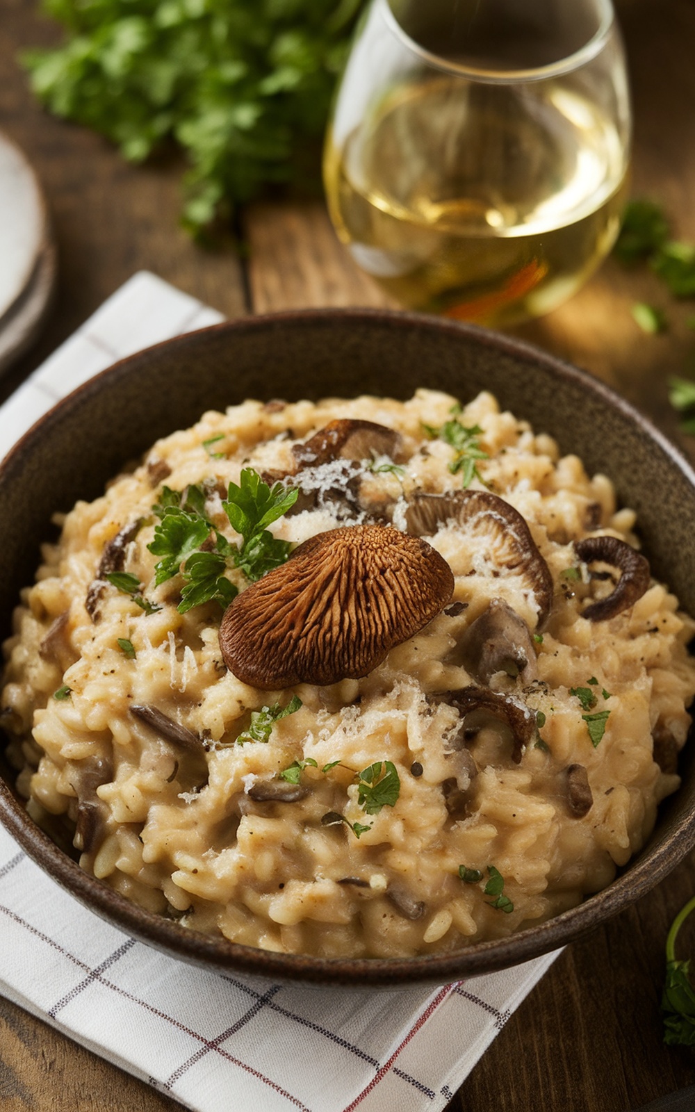 A bowl of porcini mushroom risotto garnished with parsley and Parmesan on a wooden table.